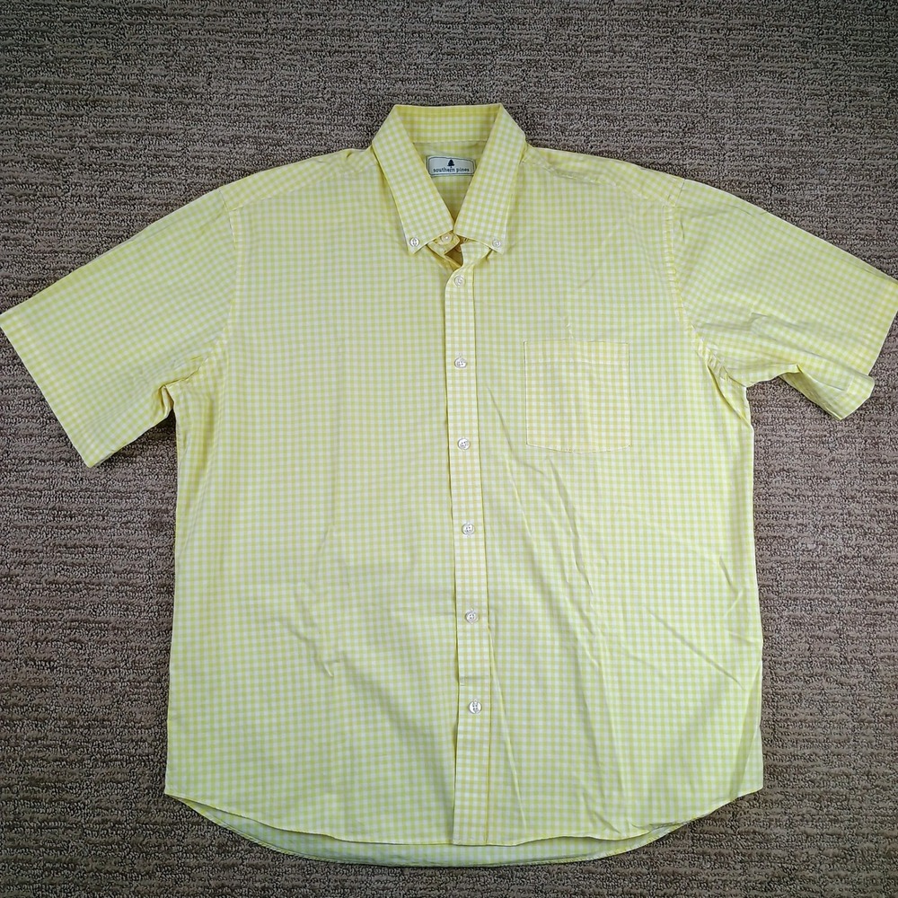Southern Pines Button Down Shirt Mens XL Yellow Gingham Preppy Short Sleeve